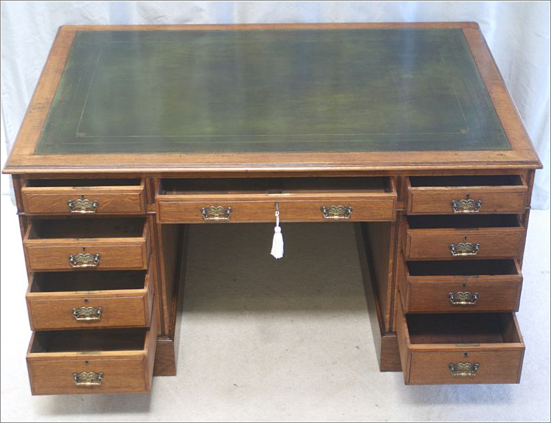 1032 Antique Victorian Oak Partners Desk Drawers Open